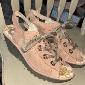 Fly London Beige Lace-Up Wedge Sandals